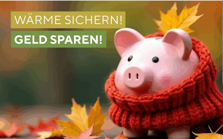 Sparschwein mit Strickschal im Herbstlaub – Kesseltausch-Förderung